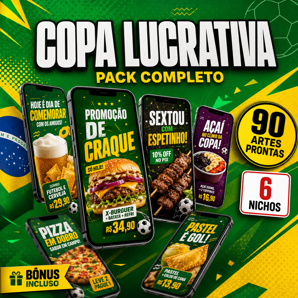 Pack Copa Lucrativa — 90 artes prontas, 6 nichos