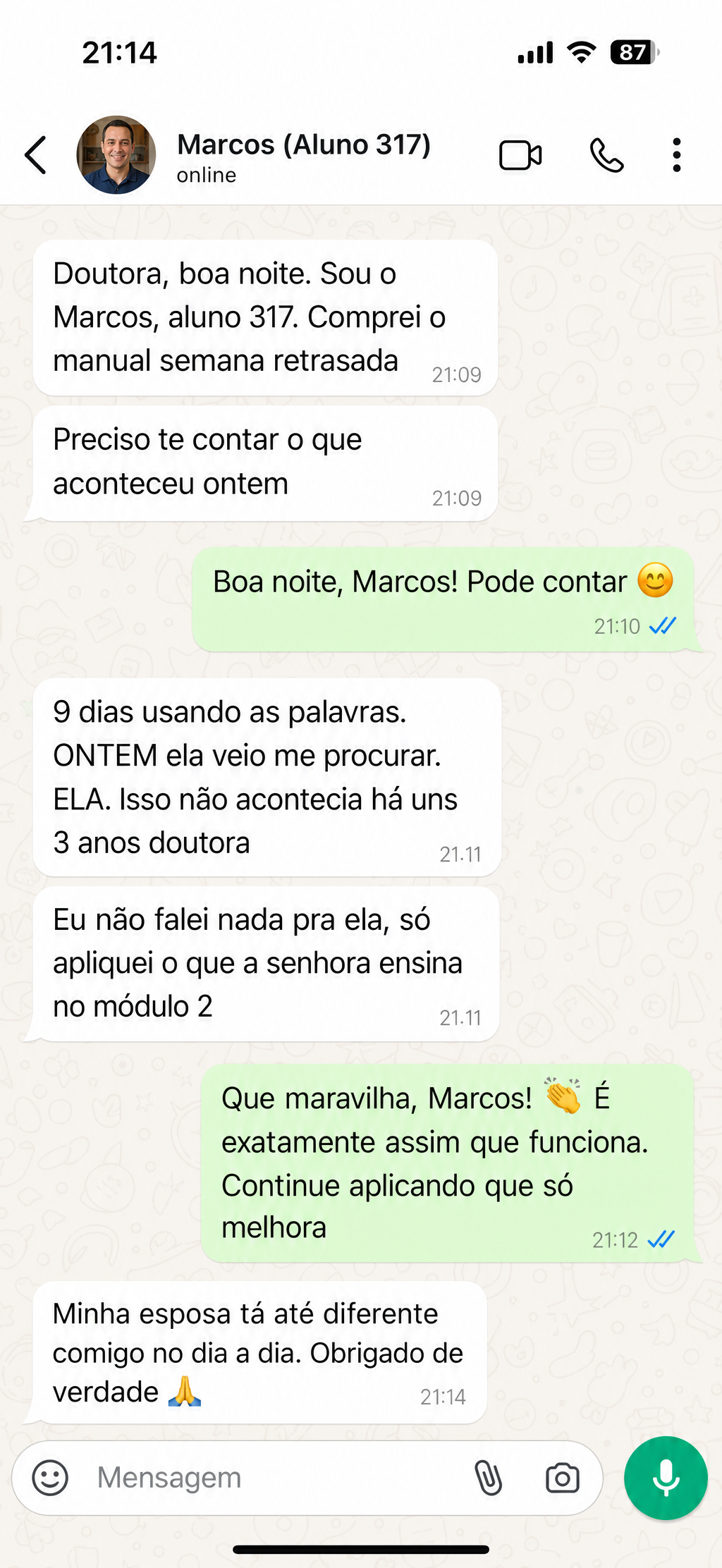 Depoimento de aluno no WhatsApp