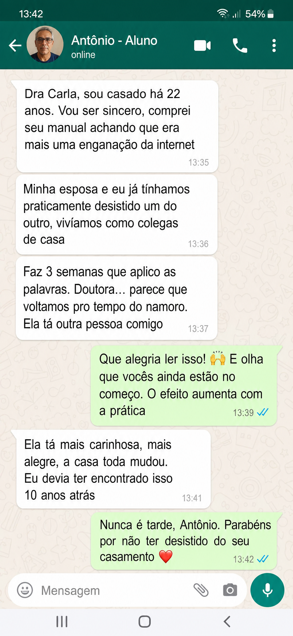 Depoimento de aluno no WhatsApp