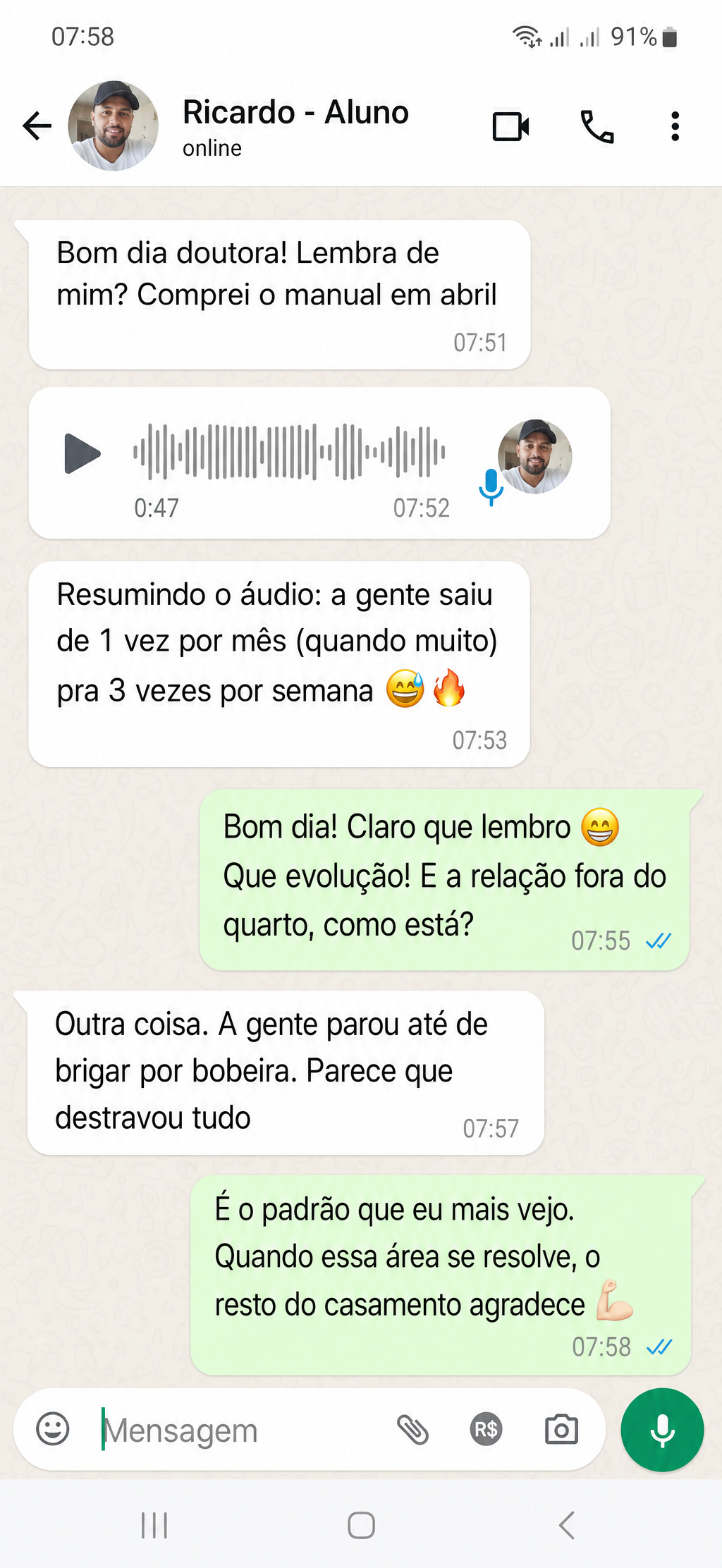 Depoimento de aluno no WhatsApp